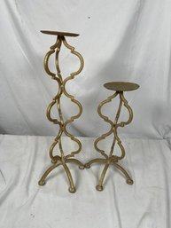 Two Metal Painted Gold Candleholders Middle East Style 14' & 18'