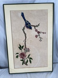 Vintage Bird Needlepoint Embroidery Handmade Stitched Framed In Tree Flowers 27' X 18'