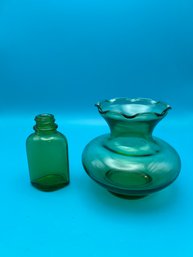 Green Glass Vintage Anchor Hocking Vase & Medicine Bottle DES PAT. 92148