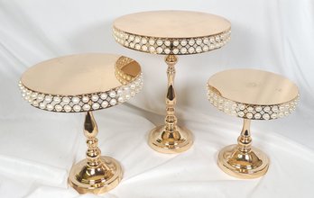 Three Gold Round Mirror Cake Stands Cupcake Stands Metal Pedestal Holders With Pearls