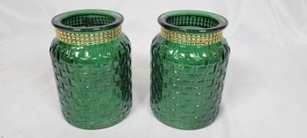 Pair Of Emerald Green Glass Basket Weave Vase 6' Tall Boho Decor