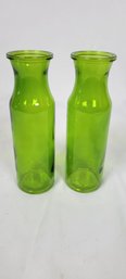 2 Green Glass Juice Milk Jars Bottles Vases 7.75 Inch Tall