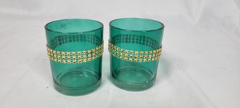 Two Green Flower Vases / Candle Holders 3 3/8' Tall