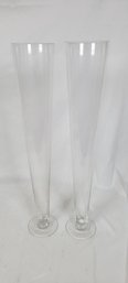 Pair Of Tall Trumpet Clear Glass Vases 23 3/4'