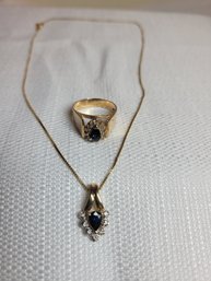 14k Gold Sapphire Diamond Ring And Necklace Set