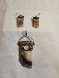 Sterling Set Natural Cut Amethyst Snuff Box Pendant With Earrings Set