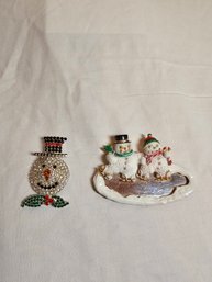 2 Vintage Snowman Brooches