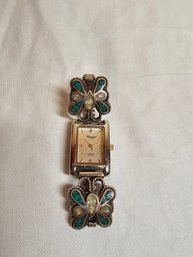 Vintage Gruen Watch With Sterling And Stone Accents On Band