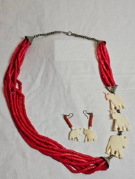 Bone Elephants And Beads Necklace And Earrings Set