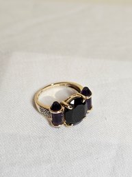 14k Gold Ring With Onyx Amethyst And Small Diamonds