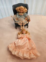 2 Porcelain Dolls And Small Chair