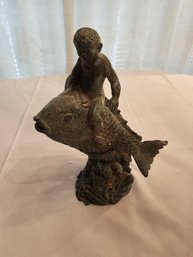 Vintage Boy Riding Fish Bronze Sculpture