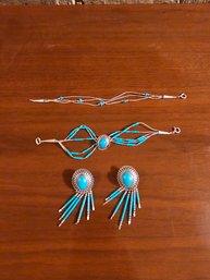 Native American Sterling And Turquoise Bracelets And Earrings Set