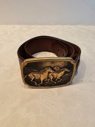 Leather Belt With Brass Mustang Buckle