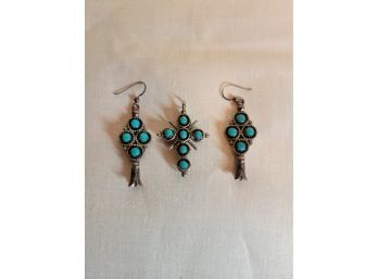 Sterling And Turquoise Earring And Pendant Set