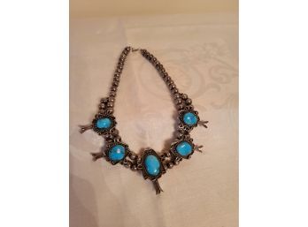 Sterling Squash Blossom Necklace And Earring Set Silver Turquoise