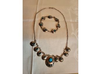 Sterling And Turquoise Bear Claw Necklace And Bracelet Set