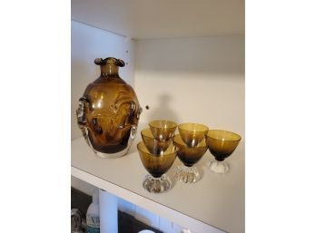 Amber Art Glass Decanter And Glass Set