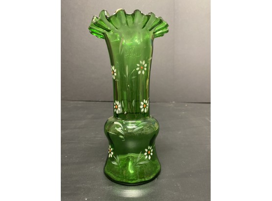 Hand Blown Green Vase Painted Flowers