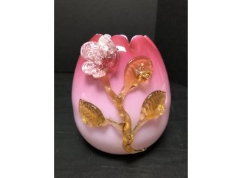 Pink Crimped Glass Vase With Applied Flower
