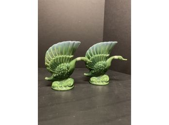Pair Green Swan Pottery Vases
