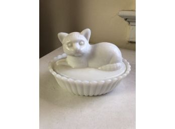 Milk Glass Cat Covered Dish