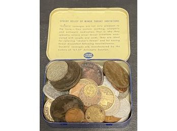 Lot Of Foreign Coins In Sucrets Tin