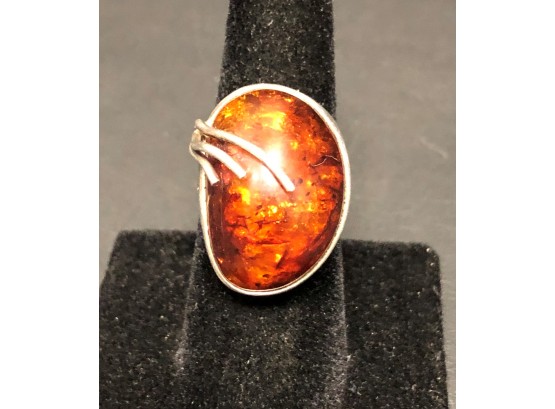 Large Vintage Sterling Amber Ring