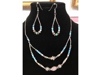 Sterling Turquoise Rose Quartz Necklace & Earrings