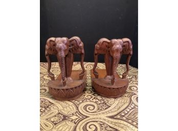 Carved Wood Elephant Book Ends