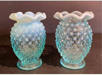 Pair Fenton Blue Hobnail Vases