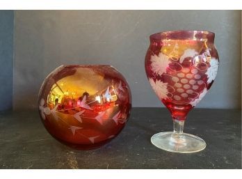 2pc Etched Cranberry Glass
