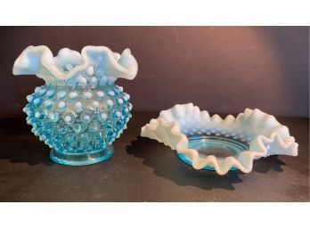 Fenton Blue Hobnail Ruffled Vase & Ashtray