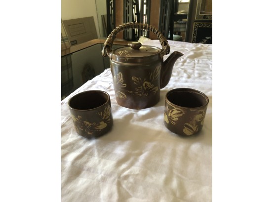 Brown Pottery Teapot & 2 Cups
