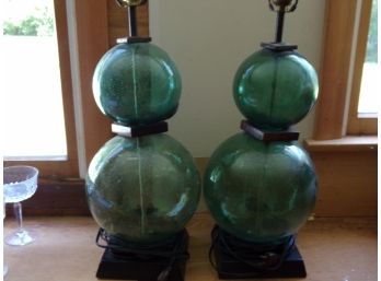 Pair Green Bubble Glass Lamps