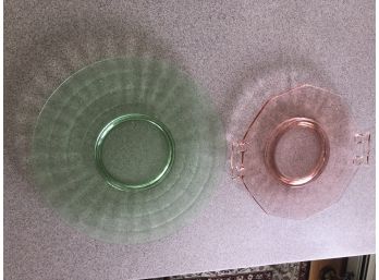 2pc Green & Pink Depression Glass