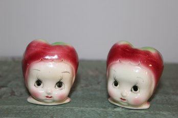 Vintage Anthropomorphic Apple Head Girl Salt And Pepper Shakers