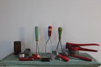 Vintage Farmhouse Kitchen Tools With Colored Wooden Handles & Magic Baking Powder Tin