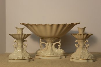Vintage Lenox China- 'Aquarius' Pedestal Dolphin Complete Centerpiece Bowl And Pair Candle Holders