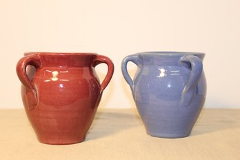 Vintage Norwalk Pottery- 'Old Pot Shop Norwalk, CT' Pair Of 3 Handles Flowerpots