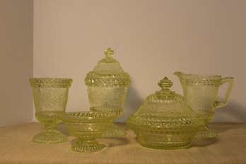 Vintage Early American Pattern Glass- Adams 'Wildflower' Canary Yellow 5- Piece Table Set-