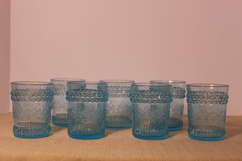 Vintage Early American Pattern Glass- Adams- 7 'Wildflower' Blue 4' Glasses