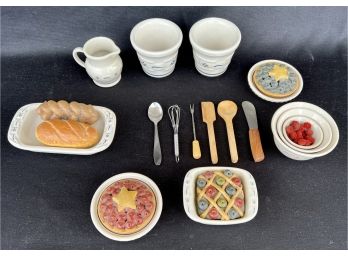 Longaberger Miniture Kitchen Items Including Ceramic Fake Food, Nesting Bowls And More.