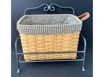 Plaid Longaberger Basket In Metal Stand And Leather Handles