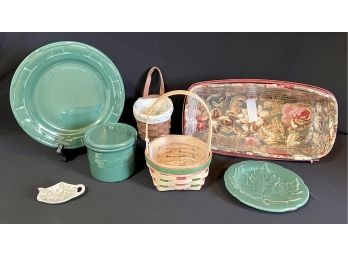 Longaberger Dark Green Pottery Dishes And Baskets Inc. 1 Pint Lidded Crock, Leaf Dessert Plate, And 3 Baskets