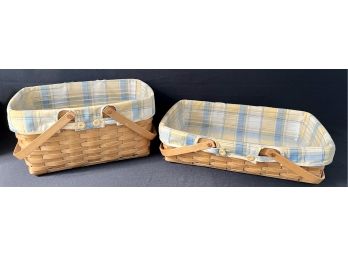 2 Longaberger Yellow And Blue Plaid Baskets Button Liners Signed And Dated