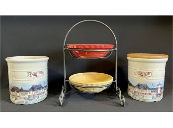 2 Longaberger Homestead Crocks. One With Lid And A Wrought Iron Serving Stand W 2 Pottery Bowls