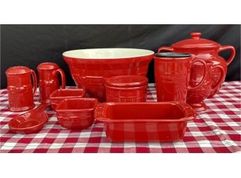 Longaberger Pottery Tomato' Dishes. Inc. Salt And Pepper, Large Lidded Jar, Square Dessert Bowls And More