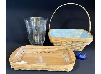 2 Longaberger Baskets With A Large Princess House Etched Vase