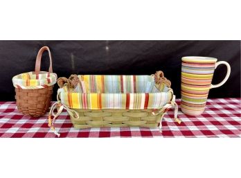 Lot Of 2 Longaberger Baskets W Really Cute Striped Liner And One Coffee Mug Signed And Dated